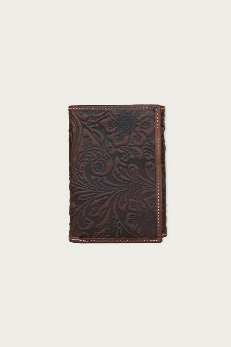 Lucky Brand Western Embossed Leather Trifold Men\'s Wallet Dark Brown | South Africa-RZT123804